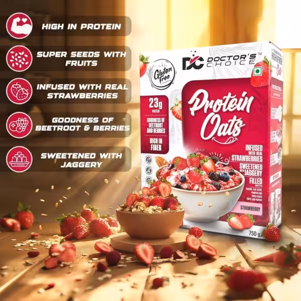 Doctor's Choice Protein Oats, Strawberry flavor. 23g protein, high fiber, gluten-free, sweetened with jaggery