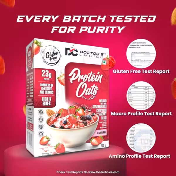 Doctor's Choice Protein Oats with 23g protein. Highlights purity testing with gluten-free, macro, and amino profile reports