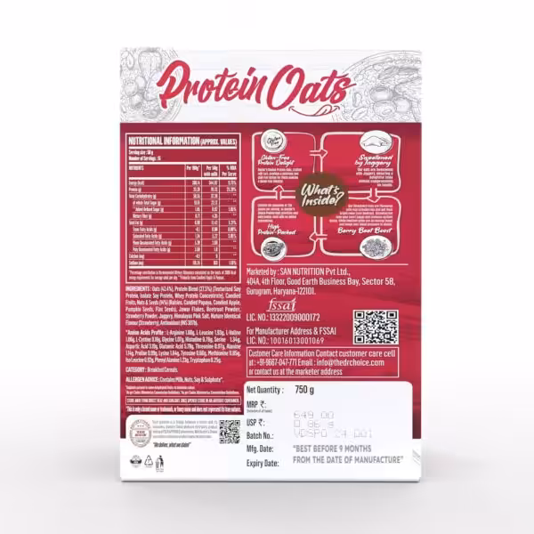 Back of Protein Oats label showing nutritional facts, ingredients like oats and protein blend, and 750g net weight
