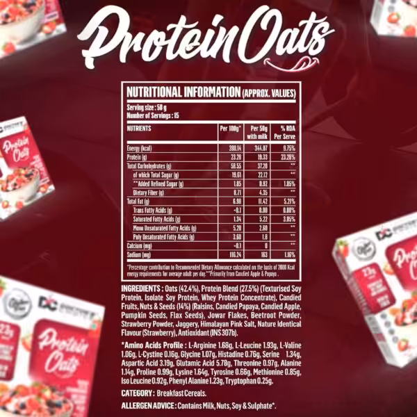 Nutritional information, ingredients, amino acid profile, and allergen advice for Protein Oats
