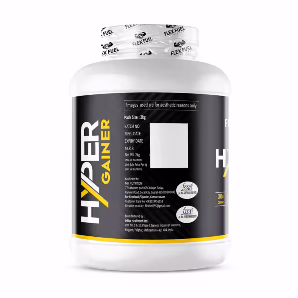 Flex Fuel Hyper Gainer 2kg supplement tub featuring 30g carbs