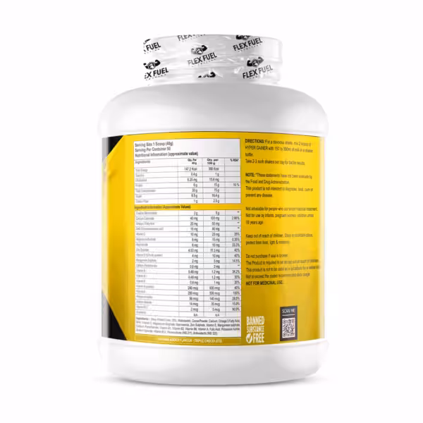 Back label for Flex Fuel Hyper Gainer showing nutritional information, ingredients, and usage instructions