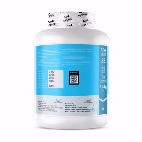 Back label of Flex Fuel Nitro Whey protein powder showing 30g protein, 50 servings, and 3g creatine per serving