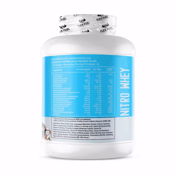 Nitro Whey supplement facts: 50 servings per container, 30g protein and 3g creatine per 40g serving