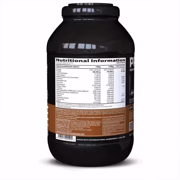 Nutritional information for a protein supplement, listing 28g protein and 135.10 kcal per 40g serving