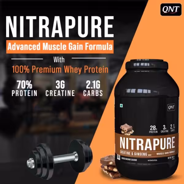 QNT NITRAPURE Advanced Muscle Gain Formula with 70% protein, 3g creatine, and 2.1g carbs