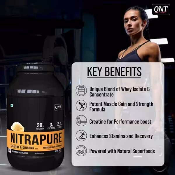 Nitrapure key benefits: Whey blend, muscle gain, creatine for performance, stamina recovery, and natural superfoods