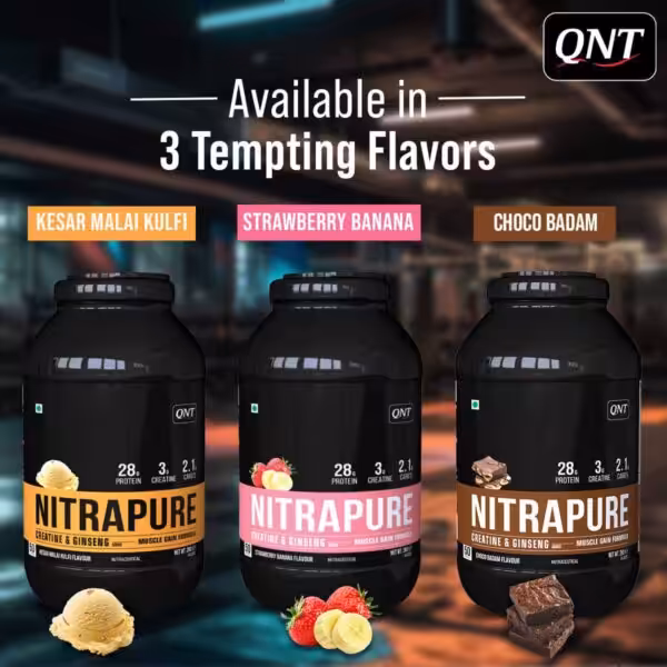QNT Nitrapure Muscle Gain Formula available in Kesar Malai Kulfi, Strawberry Banana, and Choco Badam flavors
