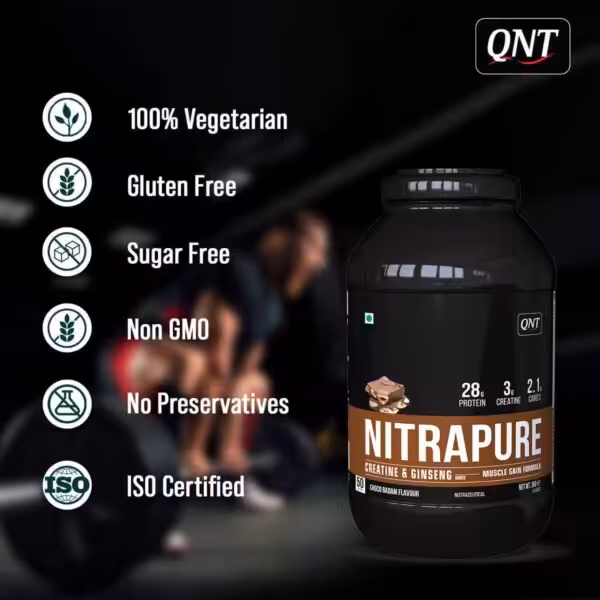 QNT Nitrapure muscle gain formula: 28g protein, 3g creatine, 2.1g carbs. Vegetarian, gluten-free, sugar-free, non-GMO, no preservatives, ISO certified