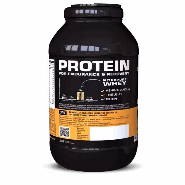 QNT Nitrapure Whey Protein tub with 28g protein, 3g creatine, ashwagandha, tribulus, and biotin
