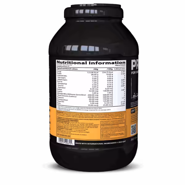Nutritional information label for protein powder showing 28g protein, 3g creatine, and ingredients list