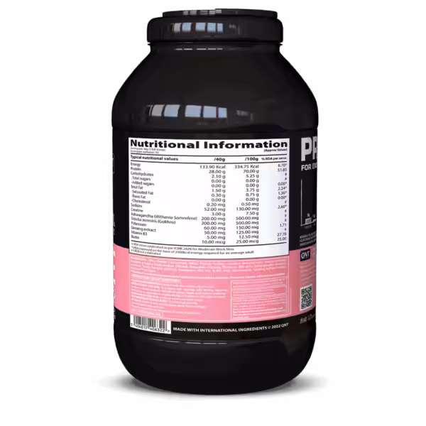 Nutritional facts for protein powder showing 28g protein and 133.90 kcal per 40g serving, plus ingredients