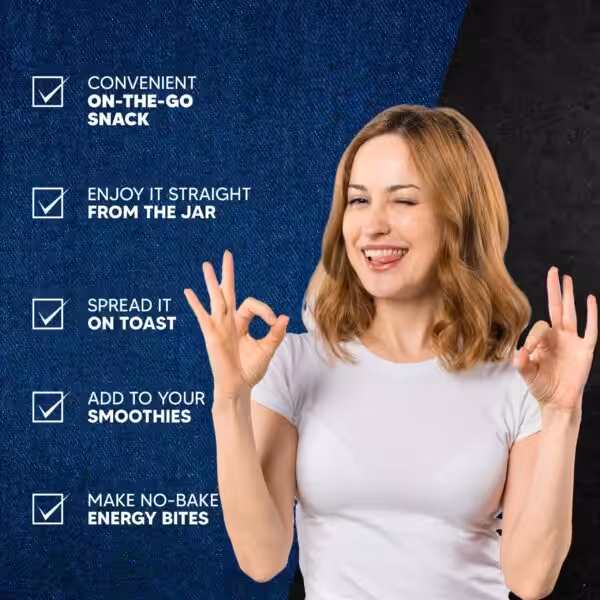 Woman winking and giving OK signs. On-the-go snack, straight from the jar, spread on toast, smoothies, energy bites