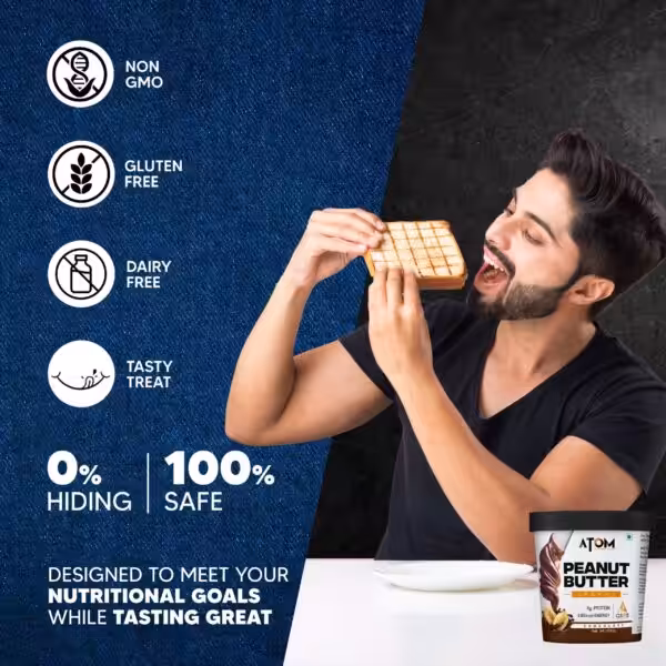 Man eating toast with ATOM Creamy Chocolate Peanut Butter. Non-GMO, Gluten-free, Dairy-free, 0% hiding, 100% safe