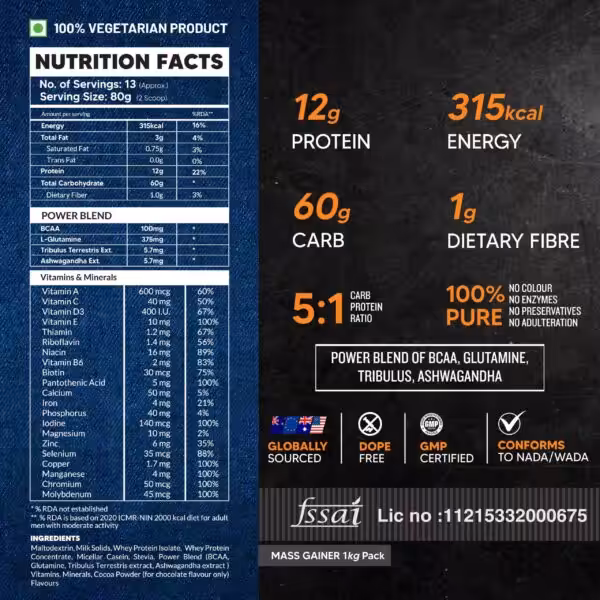 Nutrition facts for Mass Gainer 1kg Pack: 12g protein, 315kcal energy, 60g carbs, and vitamins per 80g serving