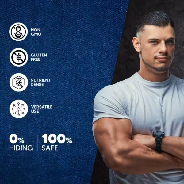 A muscular man with text: Non GMO, Gluten Free, Nutrient Dense, Versatile Use, 0% Hiding, and 100% Safe