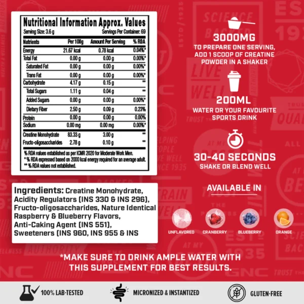 GNC Creatine Monohydrate 3000mg Flavoured 250gm