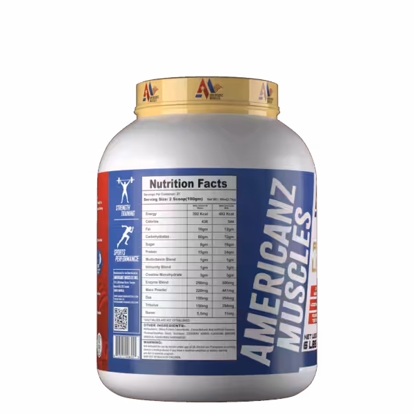 Nutrition facts for Americanz Muscles protein powder: 27 servings per container, 15g protein per 100g serving with water