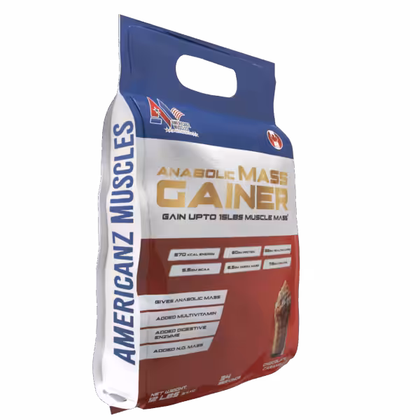 Americanz Muscles Anabolic Mass Gainer, Chocolate Caramel, 12 lbs bag, 34 servings. 60g protein and 570 kcal per serving
