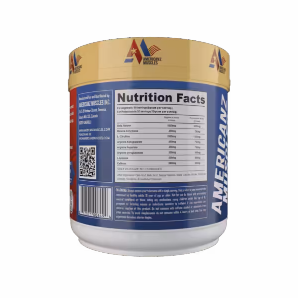 Nutrition Facts and warning label for Americanz Muscles supplement, listing ingredient dosages and safety warnings