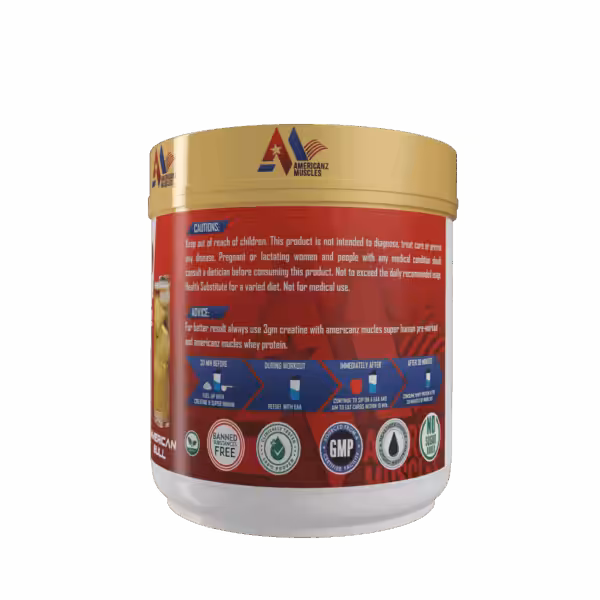 Back label of Americanz Muscles supplement with cautions, usage advice, a workout timeline, and certification logos