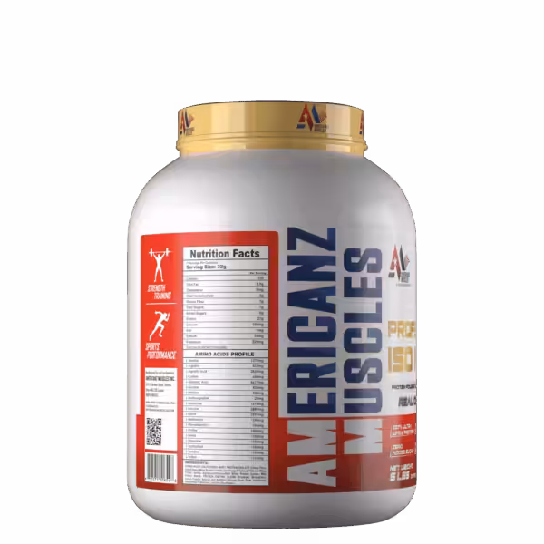 Americanz Muscles Professional Isolate 5 lb tub showing Nutrition Facts and Amino Acids Profile