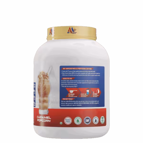 Back label of Americanz Muscles Caramel Popcorn protein powder detailing 27g protein per serving and mixing instructions