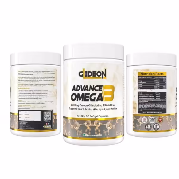 Three views of a Gideon Advance Omega 3 bottle showing the front label, nutrition facts, and usage instructions