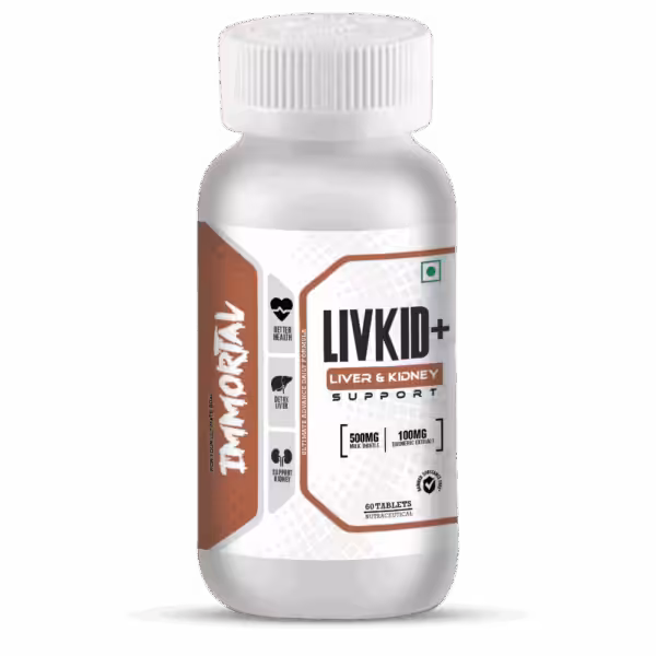 Immortal Livkid+ Liver & Kidney Support supplement bottle with 500mg milk thistle and 100mg turmeric extract