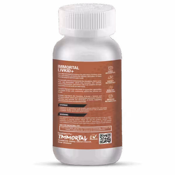 Immortal Livkid+ supplement label detailing liver and kidney detox benefits, ingredients, storage, and warnings