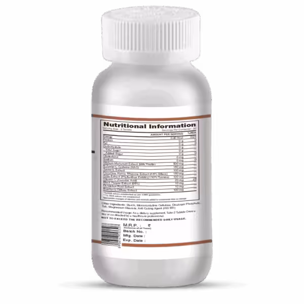 Nutritional Information label for a supplement bottle listing ingredients like Milk Thistle, NAC, and Turmeric