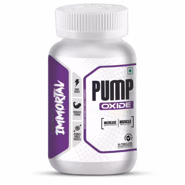 Immortal Pump Oxide supplement bottle, 90 tablets. Label lists energy boost, stamina increase, and muscle recovery