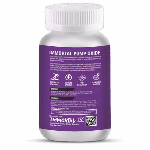 Immortal Pump Oxide supplement bottle label showing benefits: increase stamina, boost energy, fast recovery, and maximum power