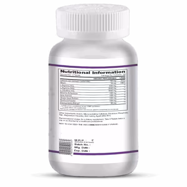 Nutritional Information label: 3 tablets per serving. Contains L-Arginine, L-Citrulline, and various plant extracts