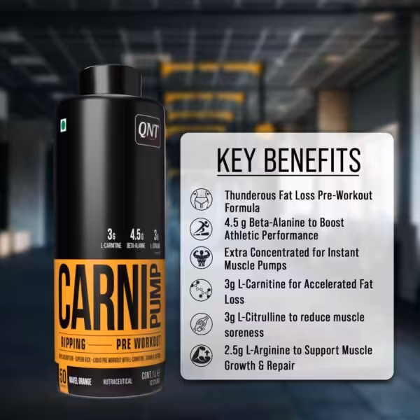 QNT Carni Pump benefits: fat loss formula, 4.5g Beta-Alanine, muscle pumps, 3g L-Carnitine, 3g L-Citrulline, 2.5g L-Arginine