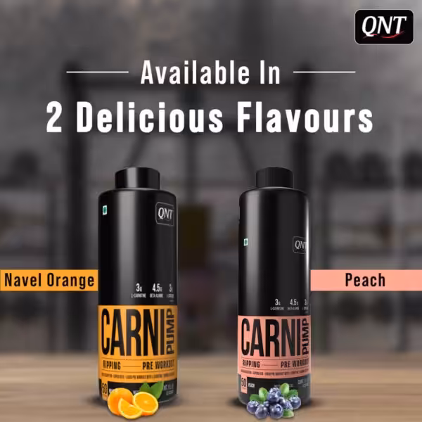 QNT Carni Pump pre-workout available in Navel Orange and Peach flavors. Contains 3g L-Carnitine and 4.5g Beta-Alanine