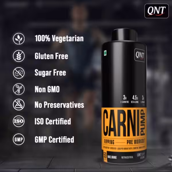 QNT Carni Pump pre-workout: 100% vegetarian, gluten-free, sugar-free, non-GMO, no preservatives, ISO and GMP certified