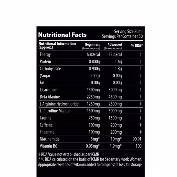 Nutritional Facts table for a supplement, listing values for beginner (1 spoon) and advanced (2 spoons) servings