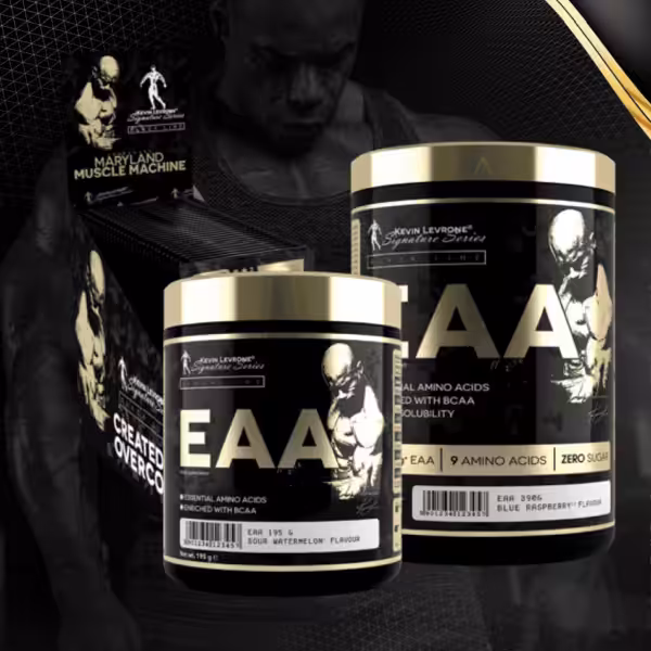 Kevin Levrone Signature Series Black Line EAA supplements in Sour Watermelon and Blue Raspberry flavors, zero sugar