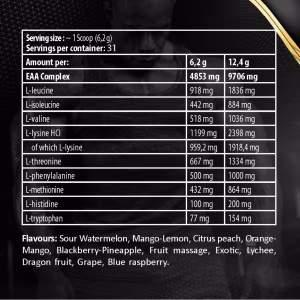 Nutritional facts for EAA Complex supplement, listing amino acid content per serving and available flavors