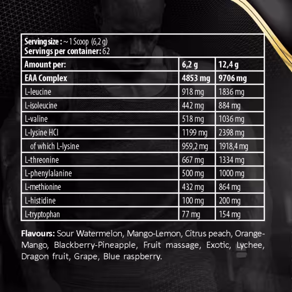 Nutrition facts table for EAA Complex supplement listing essential amino acids per serving and available flavors