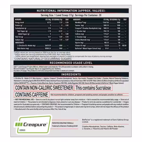 Nutritional information and ingredients label for a supplement, including serving size, nutrient values, and warnings