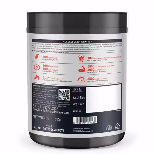 MuscleBlaze WrathX back label detailing ingredients per serving, benefits, manufacturer contact info, and net weight of 340g