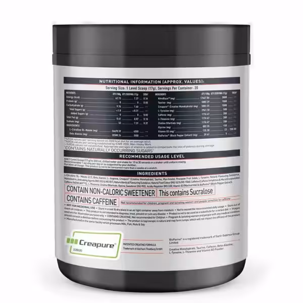 Nutritional label for a supplement showing serving size, nutrient values, ingredients including Creapure, and usage instructions
