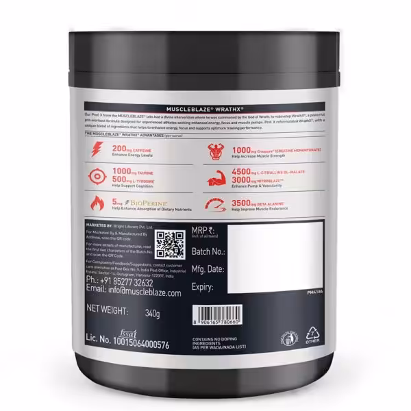 MuscleBlaze WrathX label: 200mg Caffeine, 1000mg Creatine, 4500mg L-Citrulline, 3500mg Beta Alanine, and 340g net weight