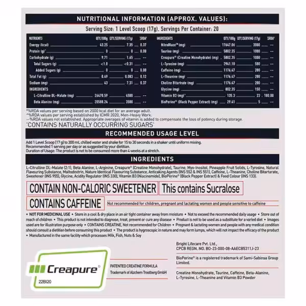 Nutritional information, ingredients list, and usage instructions for a supplement containing caffeine and sucralose