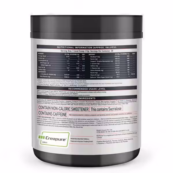 Nutritional information and ingredients label for a supplement container