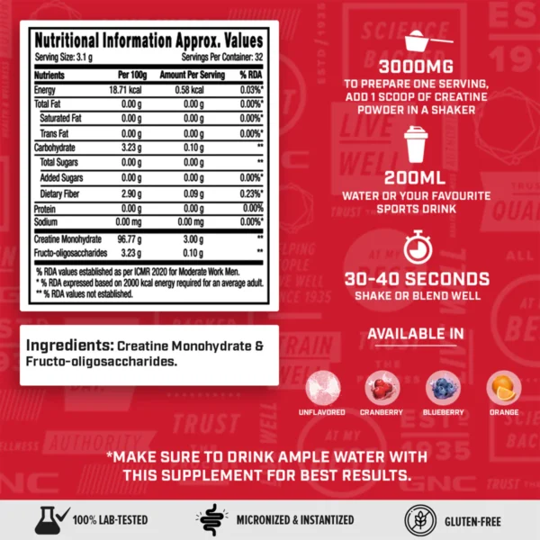 GNC Creatine Monohydrate 3000mg Unflavoured, 100 gm