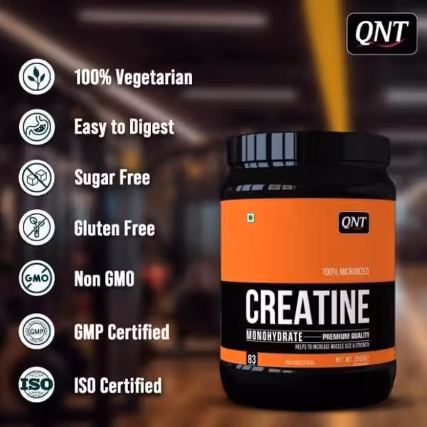 QNT Creatine Monohydrate features: 100% Vegetarian, Easy to Digest, Sugar Free, Gluten Free, Non GMO, GMP and ISO Certified
