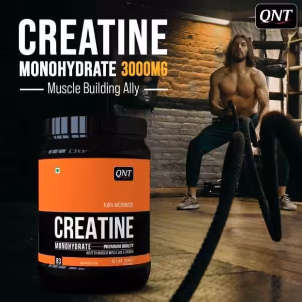 QNT Creatine Monohydrate 3000mg Muscle Building Ally supplement tub with a man training in a gym